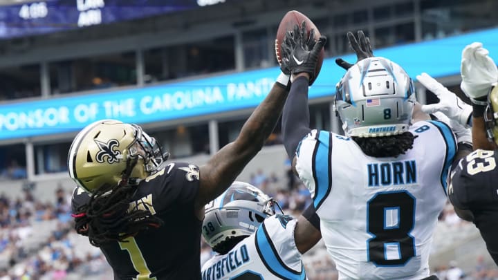 Sep 25, 2022; Charlotte, North Carolina, USA; New Orleans Saints wide receiver Marquez Callaway (1) makes a touchdown catch against the Carolina Panthers during the fourth quarter at Bank of America Stadium. Mandatory Credit: James Guillory-USA TODAY Sports