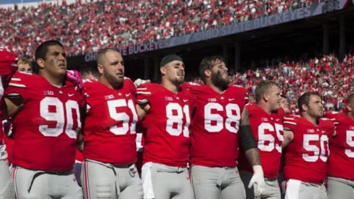 Oct 10, 2015; Columbus, OH, USA; The Ohio State Buckeyes sing Carmen Ohio after winning the game against the Maryland Terrapins at Ohio Stadium. Ohio State won the game 49-28. Mandatory Credit: Greg Bartram-USA TODAY Sports Oct 10, 2015; Columbus, OH, USA; The Ohio State Buckeyes sing Carmen Ohio after winning the game against the Maryland Terrapins at Ohio Stadium. Ohio State won the game 49-28. Mandatory Credit: Greg Bartram-USA TODAY Sports
