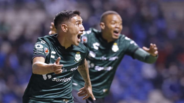 Leo Suárez celebrates after scoring the equalizer for Santos in their Liga MX Matchday 11 game against Puebla. (Photo by Jam Media/Getty Images)