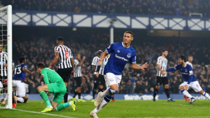 LIVERPOOL, ENGLAND - DECEMBER 05: Richarlison of Everton celebrates after scoring his team's first goal during the Premier League match between Everton FC and Newcastle United at Goodison Park on December 5, 2018 in Liverpool, United Kingdom. (Photo by Matthew Lewis/Getty Images)