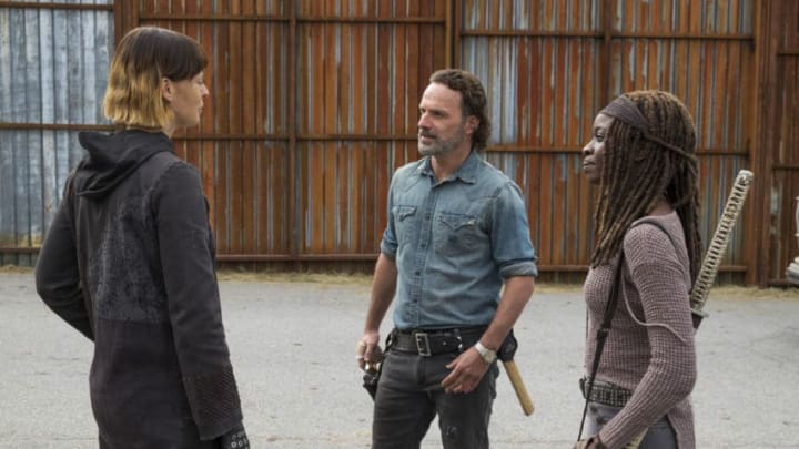 Andrew Lincoln as Rick Grimes, Danai Gurira as Michonne, Pollyanna McIntosh as Jadis - The Walking Dead _ Season 7, Episode 16 - Photo Credit: Gene Page/AMC