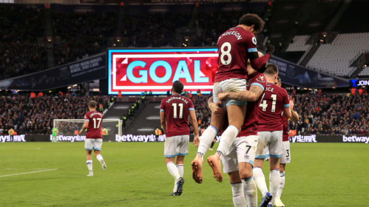 LONDON, ENGLAND - NOVEMBER 03: Felipe Anderson of West Ham United celebrates after scoring his team's second goal with Marko Arnautovic of West Ham United during the Premier League match between West Ham United and Burnley FC at London Stadium on November 3, 2018 in London, United Kingdom. (Photo by Marc Atkins/Getty Images)