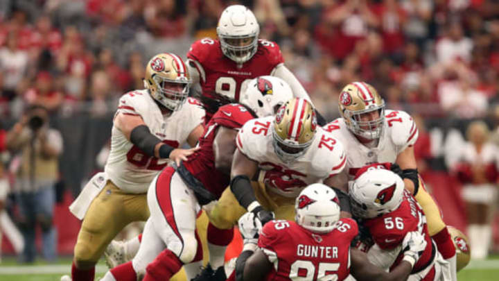 GLENDALE, AZ – OCTOBER 28: Defensive end Chandler Jones #55 and defensive tackle Rodney Gunter #95 of the Arizona Cardinals sack quarterback C.J. Beathard #3 of the San Francisco 49ers during the first half at State Farm Stadium on October 28, 2018, in Glendale, Arizona. (Photo by Christian Petersen/Getty Images)