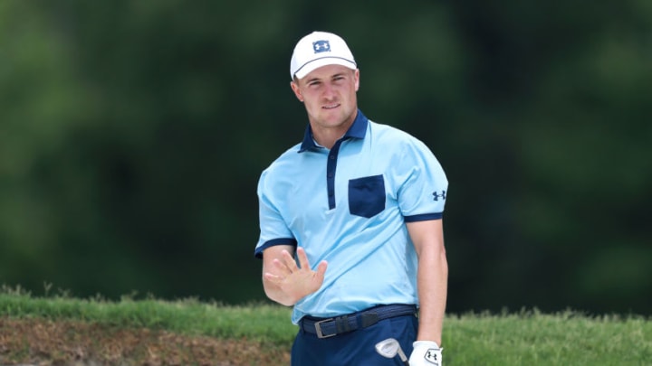 FORT WORTH, TEXAS - MAY 23: Jordan Spieth of the United States reacts after playing his shot from the bunker on the seventh hole during the first round of the Charles Schwab Challenge at Colonial Country Club on May 23, 2019 in Fort Worth, Texas. (Photo by Tom Pennington/Getty Images)