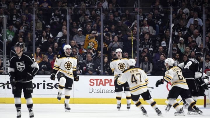 Mar 19, 2016; Los Angeles, CA, USA; Boston Bruins right wing Tyler Randell (64) celebrates his goal during the second period against the Los Angeles Kings at Staples Center. Mandatory Credit: Kelvin Kuo-USA TODAY Sports