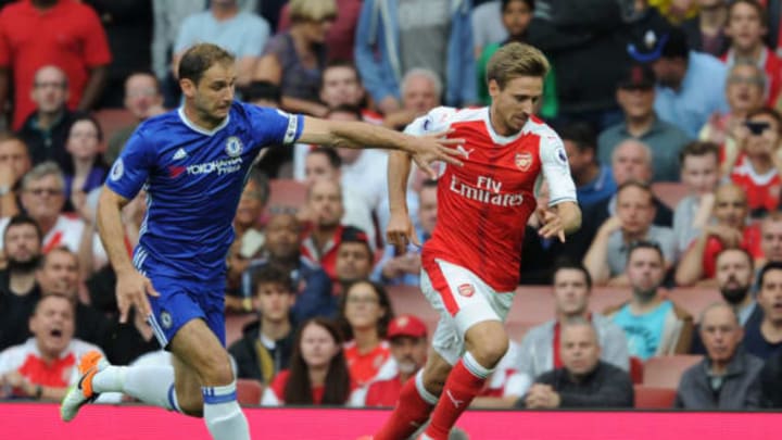 LONDON, ENGLAND – SEPTEMBER 24: Nacho Monreal of Arsenal takes on Branislav Ivanovic of Chelsea during the Premier League match between Arsenal and Chelsea at Emirates Stadium on September 24, 2016 in London, England. (Photo by Stuart MacFarlane/Arsenal FC via Getty Images)