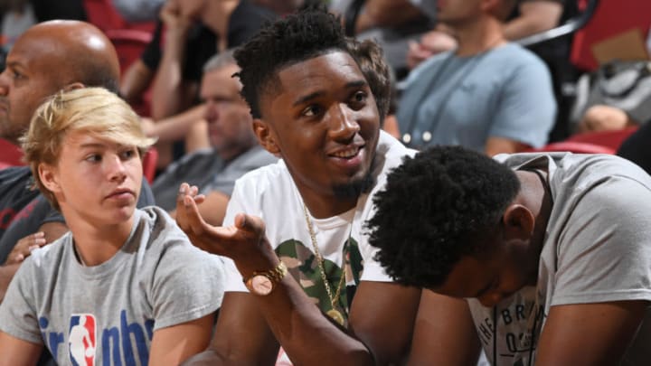 LAS VEAGS, NV - JULY 8: Donovan Mitchell #45 of the Utah Jazz attends the game between the Portland Trail Blazers and the Atlanta Hawks during the 2018 Las Vegas Summer League on July 8, 2018 at the Thomas & Mack Center in Las Vegas, Nevada. Copyright 2018 NBAE (Photo by Garrett Ellwood/NBAE via Getty Images)