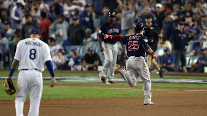 LOS ANGELES, CA - OCTOBER 27: Steve Pearce #25 of the Boston Red Sox rounds the bases after hitting a game-tying solo home run in the eighth inning during Game 4 of the 2018 World Series against the Los Angeles Dodgers at Dodger Stadium on Saturday, October 27, 2018 in Los Angeles, California. (Photo by Rob Tringali/MLB Photos via Getty Images)