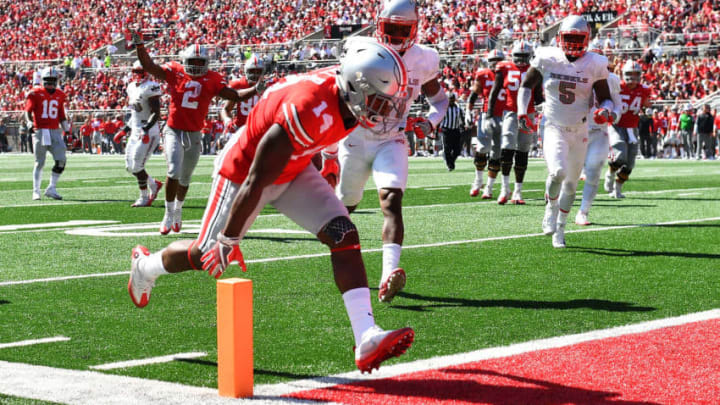 COLUMBUS, OH - SEPTEMBER 23: K.J. Hill #14 of the Ohio State Buckeyes scores on an 11-yard touchdown pass reception in the second quarter against the UNLV Rebels at Ohio Stadium on September 23, 2017 in Columbus, Ohio. (Photo by Jamie Sabau/Getty Images)