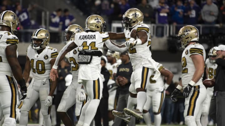 MINNEAPOLIS, MN - OCTOBER 28: Alvin Kamara #41 and Mark Ingram #22 of the New Orleans Saints on field before the game against the Minnesota Vikings at U.S. Bank Stadium on October 28, 2018 in Minneapolis, Minnesota. (Photo by Stephen Maturen/Getty Images)