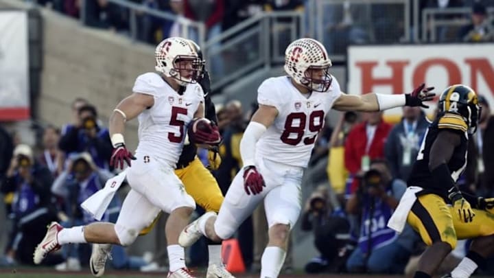 Jan 1, 2016; Pasadena, CA, USA; Stanford Cardinal running back Christian McCaffrey (5) runs against the Iowa Hawkeyes during the second quarter in the 2016 Rose Bowl at Rose Bowl. Mandatory Credit: Gary Vasquez-USA TODAY Sports