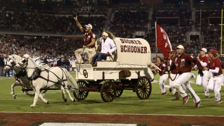 Oct 28, 2017; Norman, OK, USA; Oklahoma Sooners mascot the Sooner Schooner during the game against the Texas Tech Red Raiders at Gaylord Family - Oklahoma Memorial Stadium. Mandatory Credit: Kevin Jairaj-USA TODAY Sports