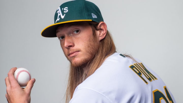 MESA, AZ - FEBRUARY 20: A.J. Puk #21 of the Oakland Athletics poses for a portrait at the Oakland Athletics Spring Training Facility at Hohokam Stadium on February 20, 2020 in Mesa, Arizona. (Photo by Rob Tringali/Getty Images)