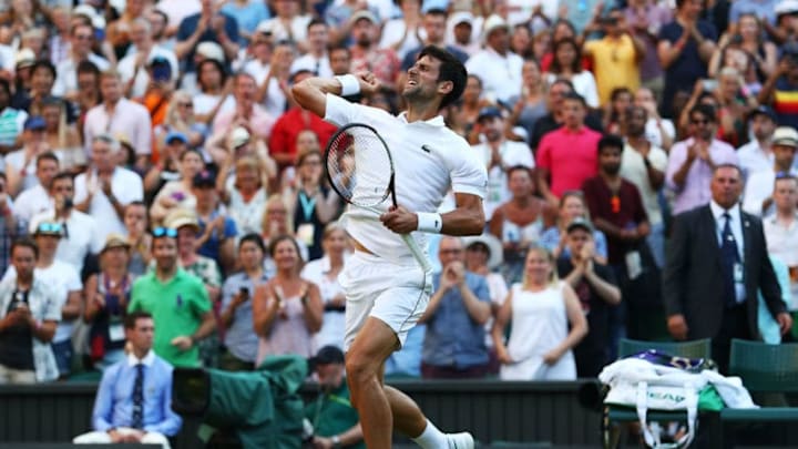 LONDON, ENGLAND - JULY 07: Novak Djokovic of Serbia celebrates after defeating Kyle Edmund of Great Britain in their Men's Singles third round match on day six of the Wimbledon Lawn Tennis Championships at All England Lawn Tennis and Croquet Club on July 7, 2018 in London, England. (Photo by Matthew Lewis/Getty Images)