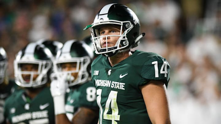 EAST LANSING, MI - SEPTEMBER 23: Spartans quarterback Brian Lewerke (14) looks toward the bench during a non-conference NCAA football game between Michigan State and Notre Dame on September 23, 2017, at Spartan Stadium in East Lansing, MI. Notre Dame defeated Michigan State 38-18. (Photo by Adam Ruff/Icon Sportswire via Getty Images)