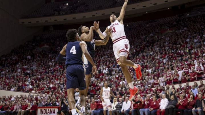 BLOOMINGTON, IN - FEBRUARY 23: Trayce Jackson-Davis #4 of the Indiana Hoosiers goes up to dunk the ball during the game against the Penn State Nittany Lions at Assembly Hall on February 23, 2020 in Bloomington, Indiana. (Photo by Michael Hickey/Getty Images)