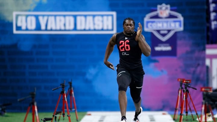 INDIANAPOLIS, IN - FEBRUARY 29: Defensive lineman Jonathan Garvin of Miami runs the 40-yard dash during the NFL Combine at Lucas Oil Stadium on February 29, 2020 in Indianapolis, Indiana. (Photo by Joe Robbins/Getty Images)
