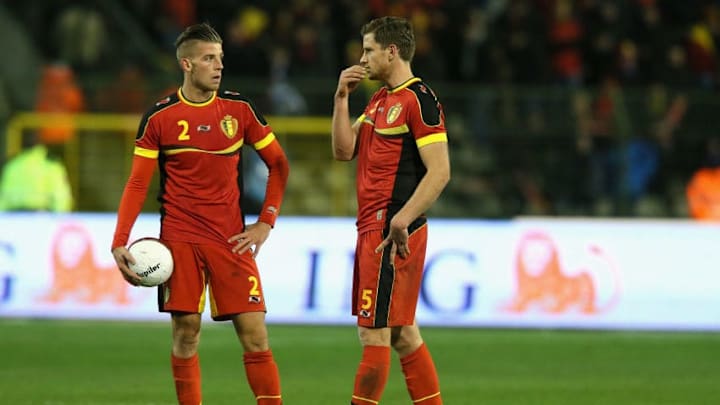 BRUSSELS, BELGIUM - NOVEMBER 14: (L-R) Toby Alderweireld and Jan Vertonghen of Belgium look dejected after the international friendly match between Belgium and Colombia at King Badouin stadium on November 14, 2013 in Brussels, Belgium. The match between Belgium and Colombiaended 0-2.(Photo by Christof Koepsel/Bongarts/Getty Images)