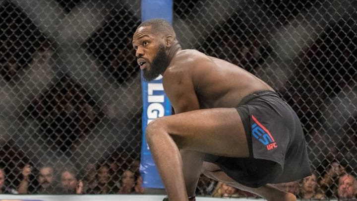 Apr 23, 2016; Las Vegas, NV, USA; Jon Jones (red gloves) before his fight against Ovince Saint Preux (blue gloves) during UFC 197 at MGM Grand Garden Arena. Mandatory Credit: Joshua Dahl-USA TODAY Sports