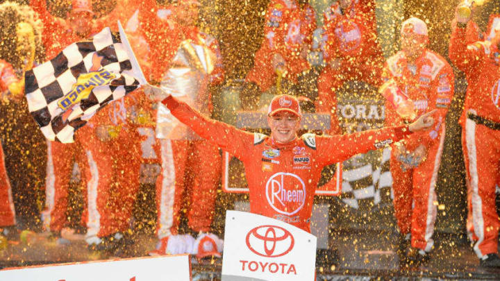 RICHMOND, VA - APRIL 20: Christopher Bell, driver of the #20 Rheem Toyota, celebrates in victory lane after winning the NASCAR Xfinity Series ToyotaCare 250 at Richmond Raceway on April 20, 2018 in Richmond, Virginia. (Photo by Robert Laberge/Getty Images)