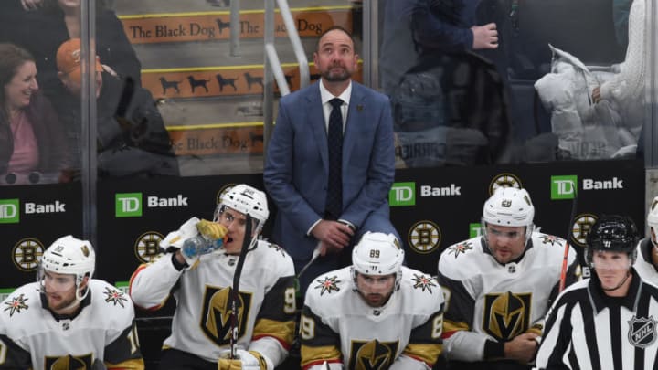 BOSTON, MA - JANUARY 21: Head coach Peter DeBoer of the Vegas Golden Knights on the bench for the third period against the Boston Bruins the TD Garden on January 21, 2020 in Boston, Massachusetts. (Photo by Steve Babineau/NHLI via Getty Images)