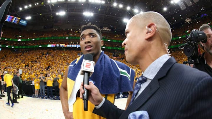 SALT LAKE CITY, UT - APRIL 27: Donovan Mitchell #45 of the Utah Jazz speaks with media after game against the Oklahoma City Thunder in Game Six of the Western Conference Quarterfinals during the 2018 NBA Playoffs on April 27, 2018 at vivint.SmartHome Arena in Salt Lake City, Utah. NOTE TO USER: User expressly acknowledges and agrees that, by downloading and or using this Photograph, User is consenting to the terms and conditions of the Getty Images License Agreement. Mandatory Copyright Notice: Copyright 2018 NBAE (Photo by Melissa Majchrzak/NBAE via Getty Images)