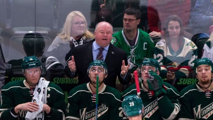 Oct 29, 2016; Saint Paul, MN, USA; Minnesota Wild head coach Bruce Boudreau in the third period against the Dallas Stars at Xcel Energy Center. The Minnesota Wild beat the Dallas Stars 4-0. Mandatory Credit: Brad Rempel-USA TODAY Sports