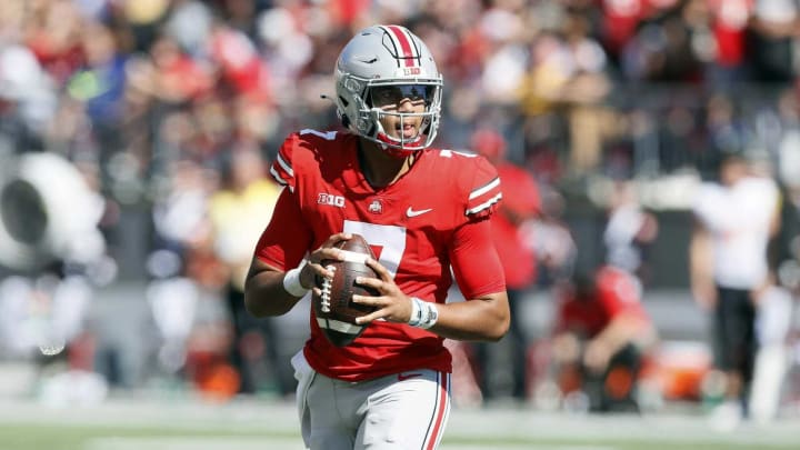Ohio State Buckeyes quarterback C.J. Stroud (7) looks the throw the ball against Maryland Terrapins during the second quarter of their NCAA college football game at Ohio Stadium in Columbus, Ohio on October 9, 2021.Osu21mary Kwr 25