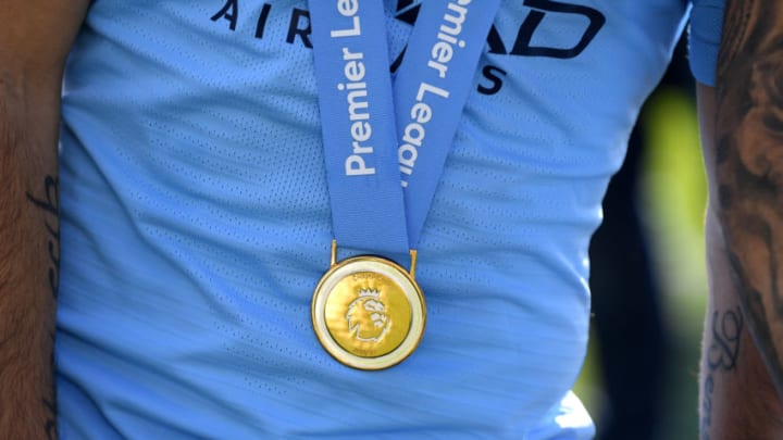 BRIGHTON, ENGLAND - MAY 12: Winners medals are seen following the Premier League match between Brighton & Hove Albion and Manchester City at American Express Community Stadium on May 12, 2019 in Brighton, United Kingdom. (Photo by Mike Hewitt/Getty Images)