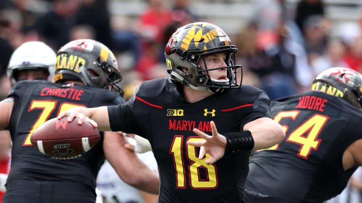 COLLEGE PARK, MD – OCTOBER 14: Quarterback Max Bortenschlager #18 of the Maryland Terrapins throws a first half pass against the Northwestern Wildcats at Capital One Field on October 14, 2017 in College Park, Maryland. (Photo by Rob Carr/Getty Images)
