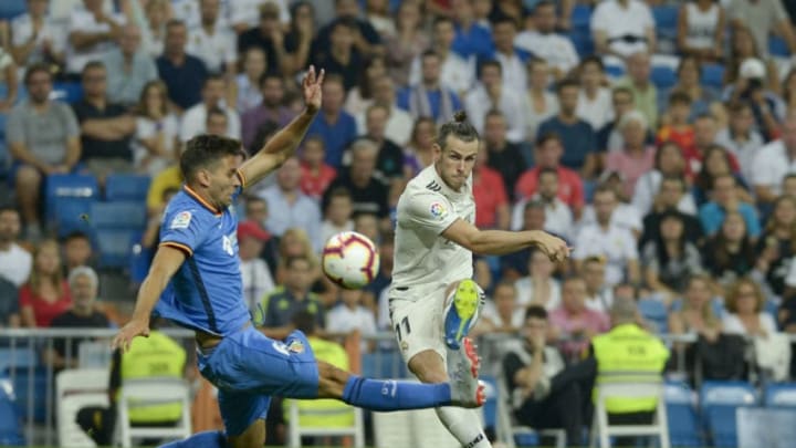 Gareth Bale of Real Madrid dispute the ball during with Cabrera of Getafe during a match between Real Madrid vs Getafe for La Liga Española at Santiago Bernabeu Stadium on August 119, 2018 in Madrid, Spain. (Photo by Patricio Realpe/ChakanaNews/PRESSOUTH)