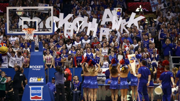 LAWRENCE, KANSAS - FEBRUARY 25: Kansas Jayhawks fans cheer during the game against the Kansas State Wildcats at Allen Fieldhouse on February 25, 2019 in Lawrence, Kansas. (Photo by Jamie Squire/Getty Images)