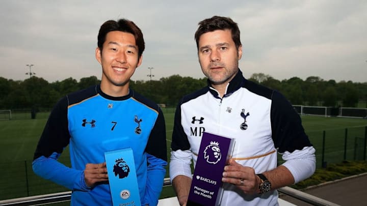 ENFIELD, ENGLAND - MAY 11: Mauricio Pochettino, Manager of Tottenham Hotspur (R) poses with his Barclays Manager of the Month award and Son Heung-min of Tottenham Hotspur poses with his Son Heung-min Wins EA Sports Player of the Month award on May 11, 2017 in Enfield, England. (Photo by Ben Hoskins/Getty Images)