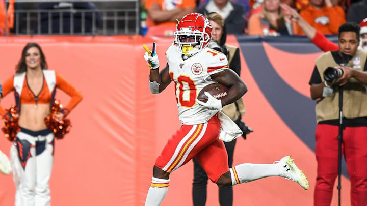 DENVER, CO – OCTOBER 17: Tyreek Hill #10 of the Kansas City Chiefs runs for a third-quarter touchdown against the Denver Broncos at Empower Field at Mile High on October 17, 2019 in Denver, Colorado. (Photo by Dustin Bradford/Getty Images)