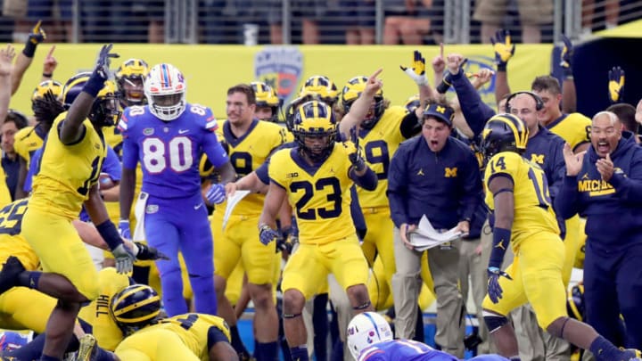 ARLINGTON, TX - SEPTEMBER 02: Feleipe Franks #13 of the Florida Gators fumbls the ball against the Michigan Wolverines in the second half at AT&T Stadium on September 2, 2017 in Arlington, Texas. (Photo by Tom Pennington/Getty Images)