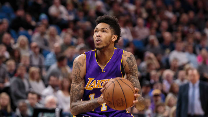 Nov 13, 2016; Minneapolis, MN, USA; Los Angeles Lakers forward Brandon Ingram (14) shoots in the first quarter against the Minnesota Timberwolves at Target Center. Mandatory Credit: Brad Rempel-USA TODAY Sports