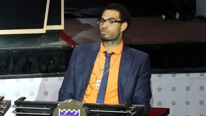 May 17, 2016; New York, NY, USA; Sacramento Kings center Willie Cauley-Stein represents his team during the NBA draft lottery at New York Hilton Midtown. The Philadelphia 76ers received the first overall pick in the 2016 draft. Mandatory Credit: Brad Penner-USA TODAY Sports