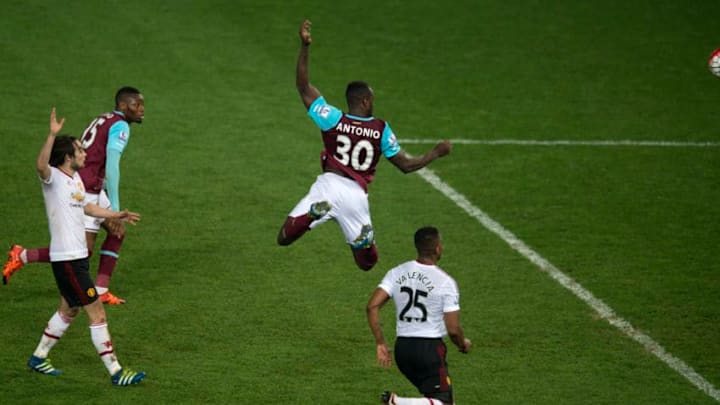 LONDON, ENGLAND - MAY 10: Michail Antonio of West Ham United jumps highest to head home the equalising goal during the Barclays Premier League match between West Ham United and Manchester United at Boleyn Ground on May 10, 2016 in London, England (Photo by Avril Husband/West Ham United via Getty Images)