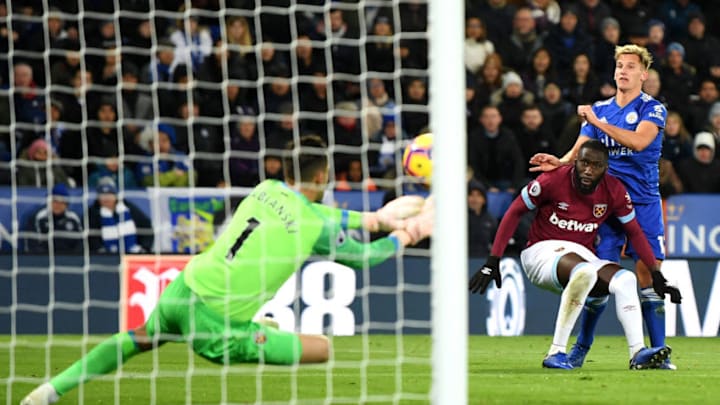 LEICESTER, ENGLAND - OCTOBER 27: Lukasz Fabianski of West Ham United saves a shot from Marc Albrighton of Leicester City during the Premier League match between Leicester City and West Ham United at The King Power Stadium on October 27, 2018 in Leicester, United Kingdom. (Photo by Michael Regan/Getty Images)