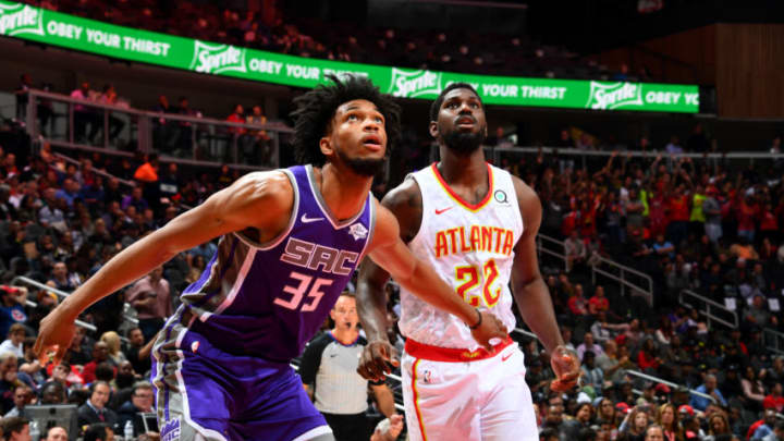 ATLANTA, GA - November 1: Marvin Bagley III #35 of the Sacramento Kings fights for position against the Atlanta Hawks on November 1, 2018 at State Farm Arena in Atlanta, Georgia. NOTE TO USER: User expressly acknowledges and agrees that, by downloading and/or using this Photograph, user is consenting to the terms and conditions of the Getty Images License Agreement. Mandatory Copyright Notice: Copyright 2018 NBAE (Photo by Scott Cunningham/NBAE via Getty Images)