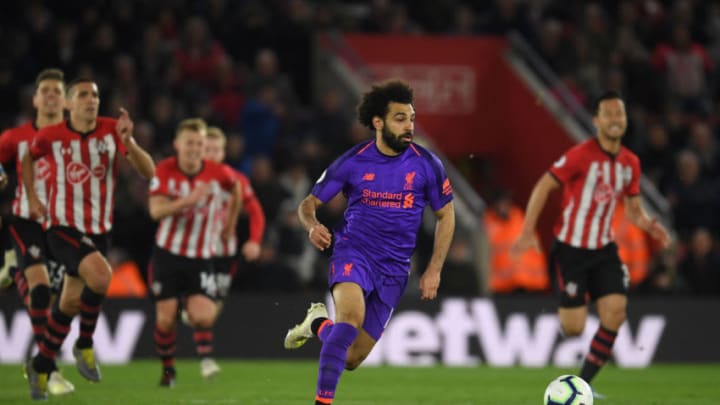 SOUTHAMPTON, ENGLAND - APRIL 05: Mohamed Salah of Liverpool breaks away to score during the Premier League match between Southampton FC and Liverpool FC at St Mary's Stadium on April 05, 2019 in Southampton, United Kingdom. (Photo by Mike Hewitt/Getty Images)
