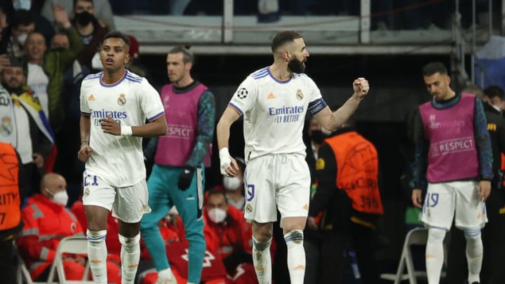 Karim Benzema celebrates after scoring a goal during the Champions League match between Real Madrid and Chelsea at Santiago Bernabeu in Madrid, Spain. (Photo by Burak Akbulut/Anadolu Agency via Getty Images)