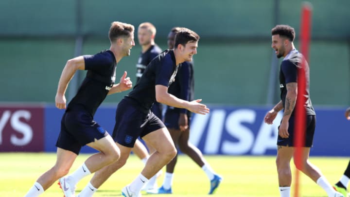 SAINT PETERSBURG, RUSSIA - JUNE 27: Harry Maguire and Gary Cahill trains during an England training session on June 27, 2018 in Saint Petersburg, Russia. (Photo by Alex Morton/Getty Images)