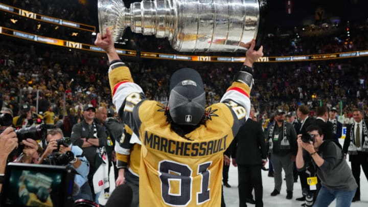 Vegas Golden Knights forward Jonathan Marchessault (81) hoists the Stanley Cup after defeating the Florida Panthers in game five of the 2023 Stanley Cup Final at T-Mobile Arena. Mandatory Credit: Stephen R. Sylvanie-USA TODAY Sports