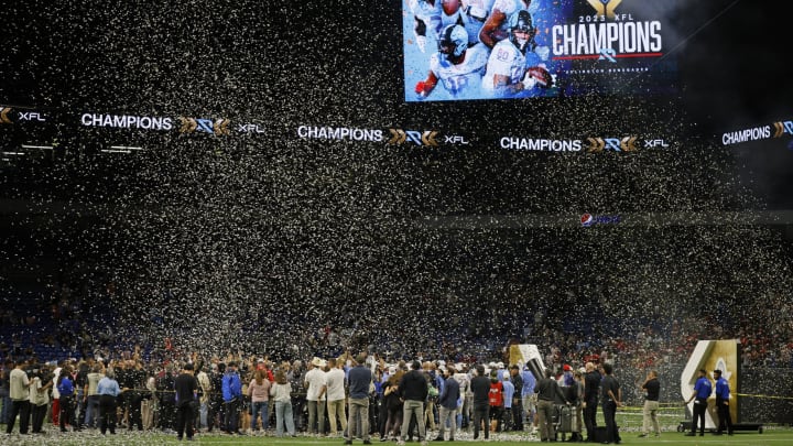 SAN ANTONIO, TX – MAY 13 : A geneal view of celebration after XFL Championship game between the Arlington Renegades and the DC Defenders at the Alamodome after Arlington Renegades defeated DC Defenders on May 13 2023 in San Antonio, Texas. (Photo by Ronald Cortes/Getty Images)