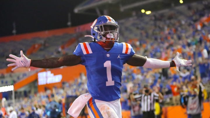 University of Florida receiver Kadarius Toney (1) celebrates a touchdown during a game against the Missouri Tigers at Ben Hill Griffin Stadium in Gainesville, Fla. Oct. 31, 2020. [Brad McClenny/The Gainesville Sun]Florida Missouri 27