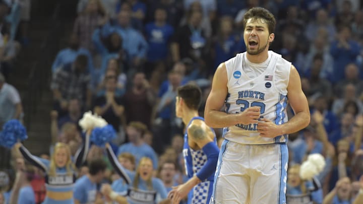 Mar 26, 2017; Memphis, TN, USA; North Carolina Tar Heels forward Luke Maye (32) reacts after a Tar Heel score against the Kentucky Wildcats in the second half during the finals of the South Regional of the 2017 NCAA Tournament at FedExForum. Mandatory Credit: Justin Ford-USA TODAY Sports