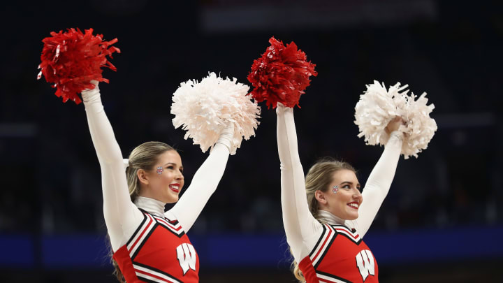BUFFALO, NY – MARCH 16: Wisconsin Badgers cheerleaders perform in the first half. (Photo by Maddie Meyer/Getty Images)
