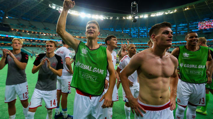 BAKU, AZERBAIJAN – JULY 03: Players of Denmark celebrate their side’s victory in front of the fans after the UEFA Euro 2020 Championship Quarter-final match between Czech Republic and Denmark at Baku Olimpiya Stadionu on July 03, 2021 in Baku, Azerbaijan. (Photo by Aziz Karimov/Getty Images)