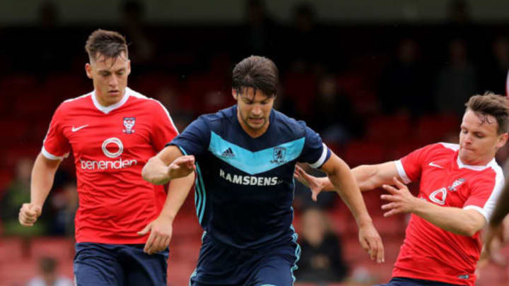 YORK, ENGLAND – JULY 09: George Friend of Middlesbrough runs with the ball during the pre season friendly match between York City and Middlesbrough at Bootham Crescent on July 9, 2016 in York, England. (Photo by David Rogers/Getty Images)